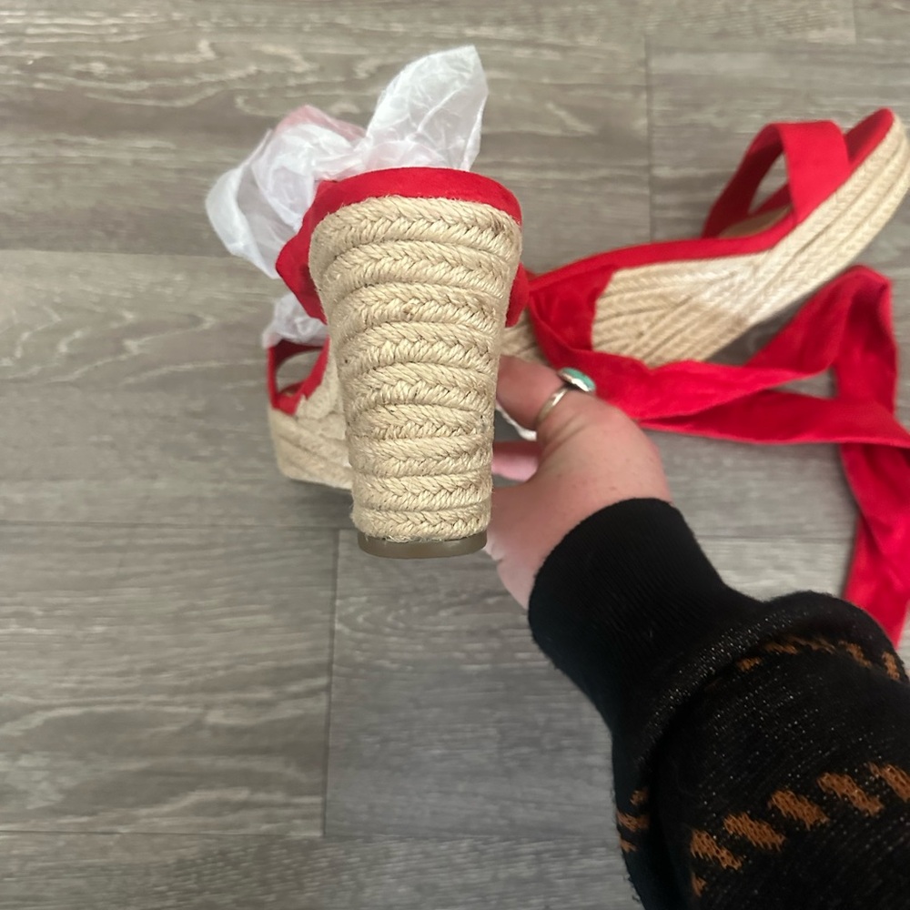 NWT Red Ankle Tie Wedge Sandals - Picture 3 of 6